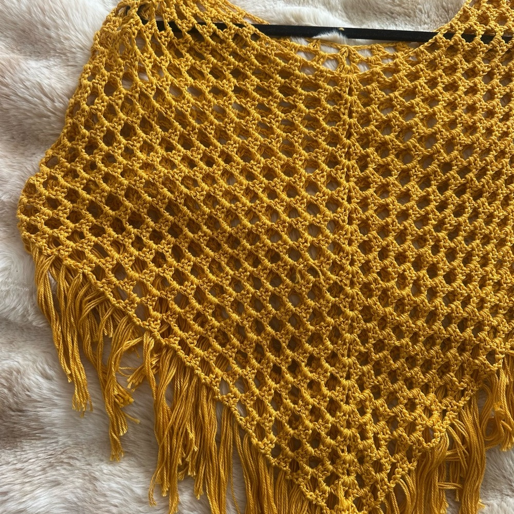 Yellow Crochet Fringe Poncho